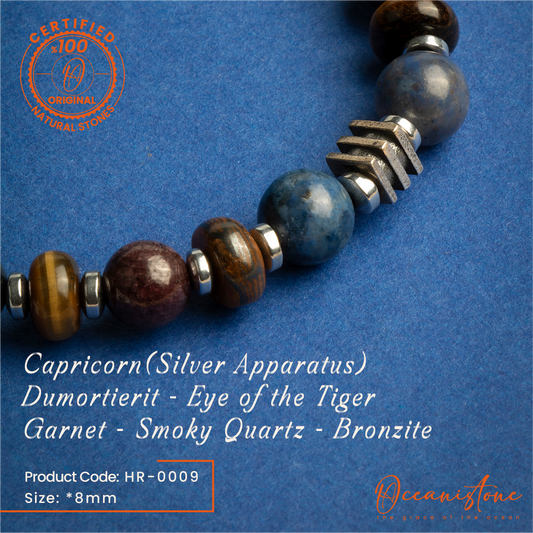 Capricorn (Silver Apparatus) - Dumortierite, Eye of the Tiger, Garnet, Smoky Quartz, Bronzite