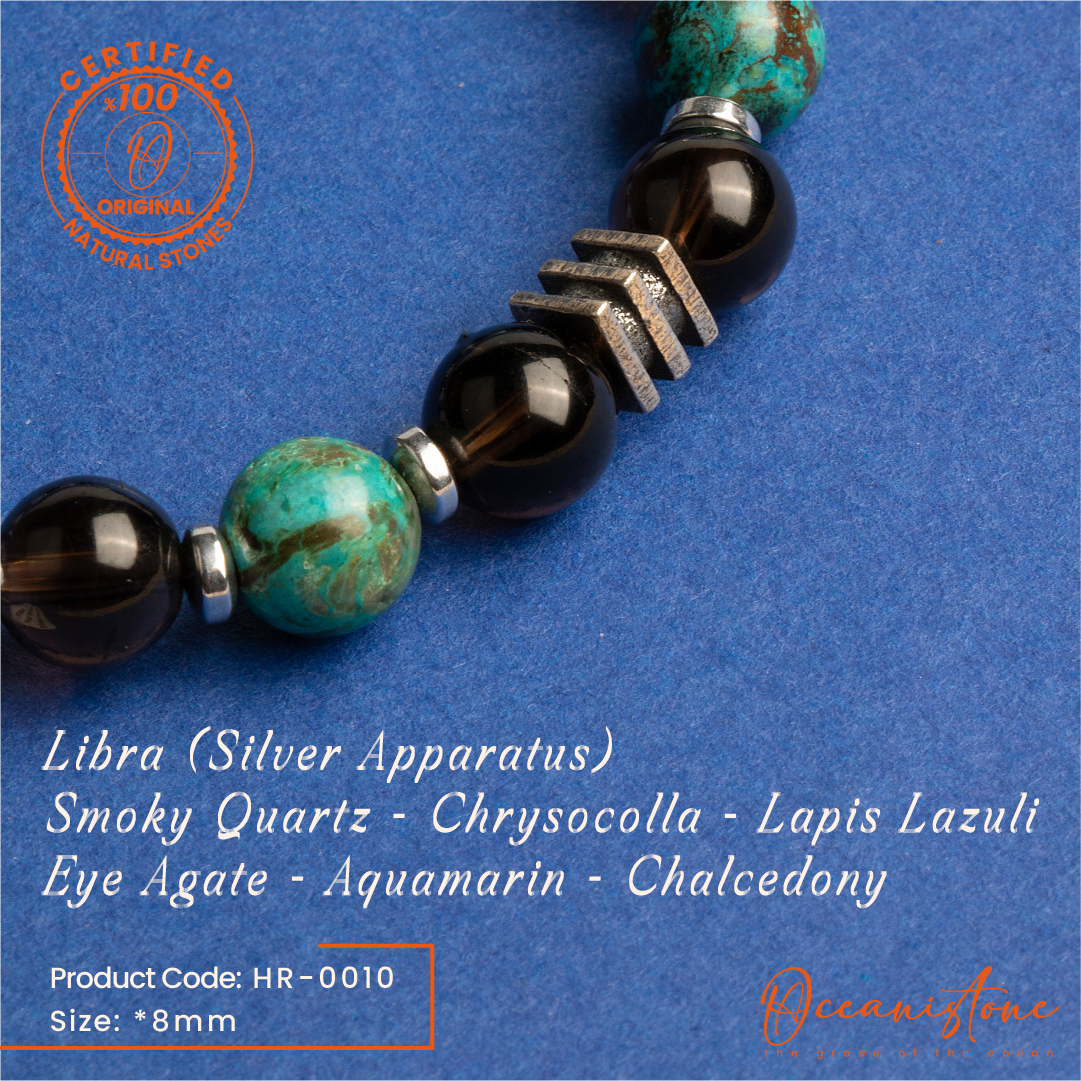 Libra (Silver Apparatus) - Smoky Quartz, Chrysocolla, Lapis Lazuli, Eye Agate, Aquamarine, Chalcedony