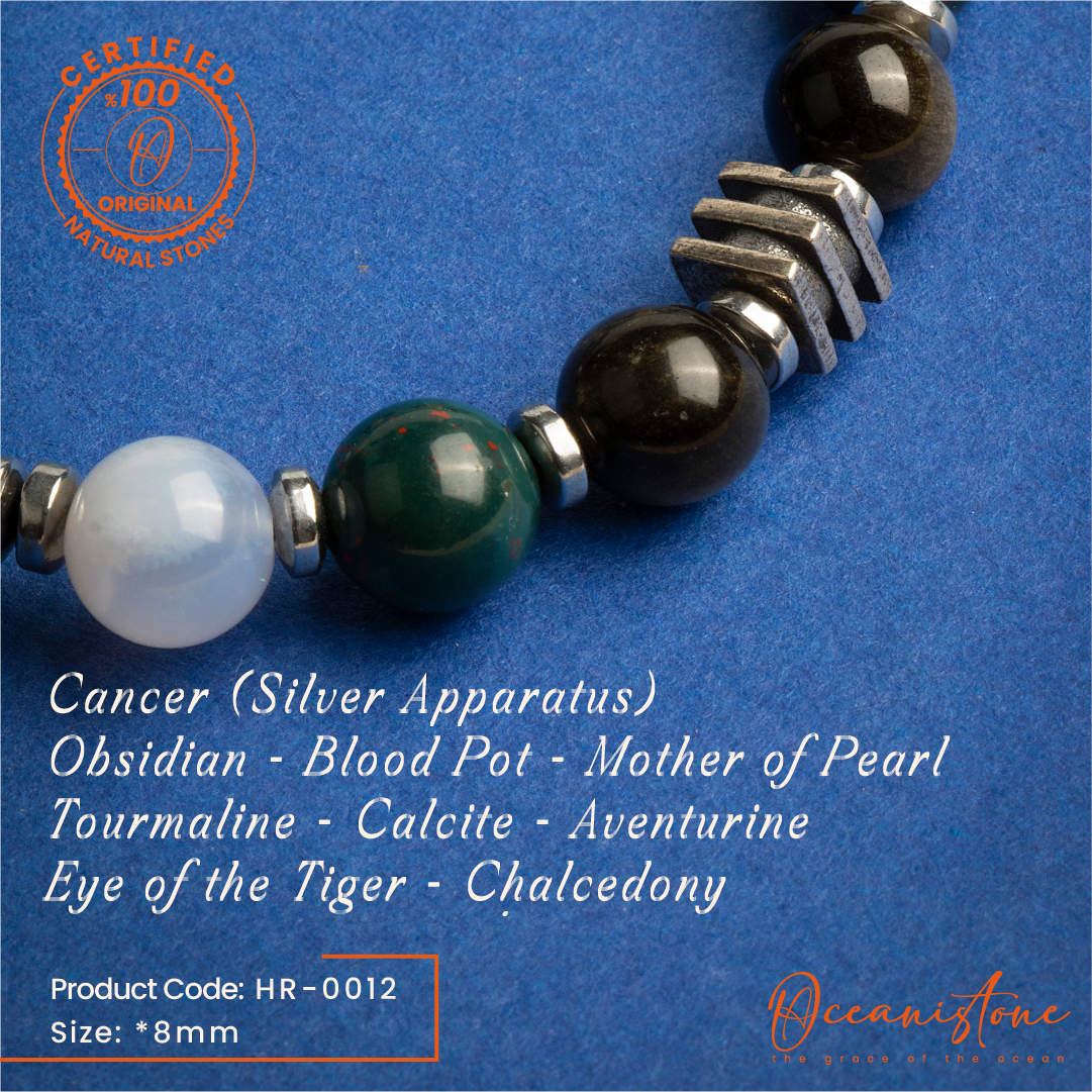 Cancer (Silver Apparatus) - Obsidian, Blood Pot, Mother of Pearl, Tourmaline, Calcite, Aventurine, Eye of the Tiger, Chalcedony