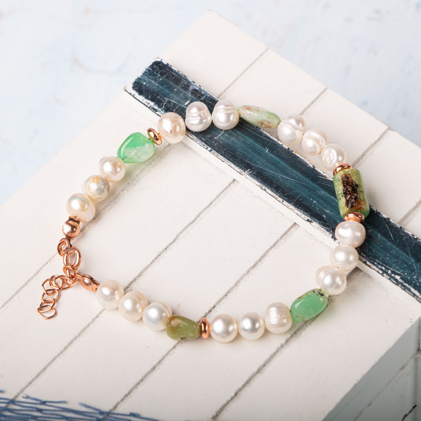 Pearl, Chrysoprase Stone 925 Sterling Silver Design Bracelet