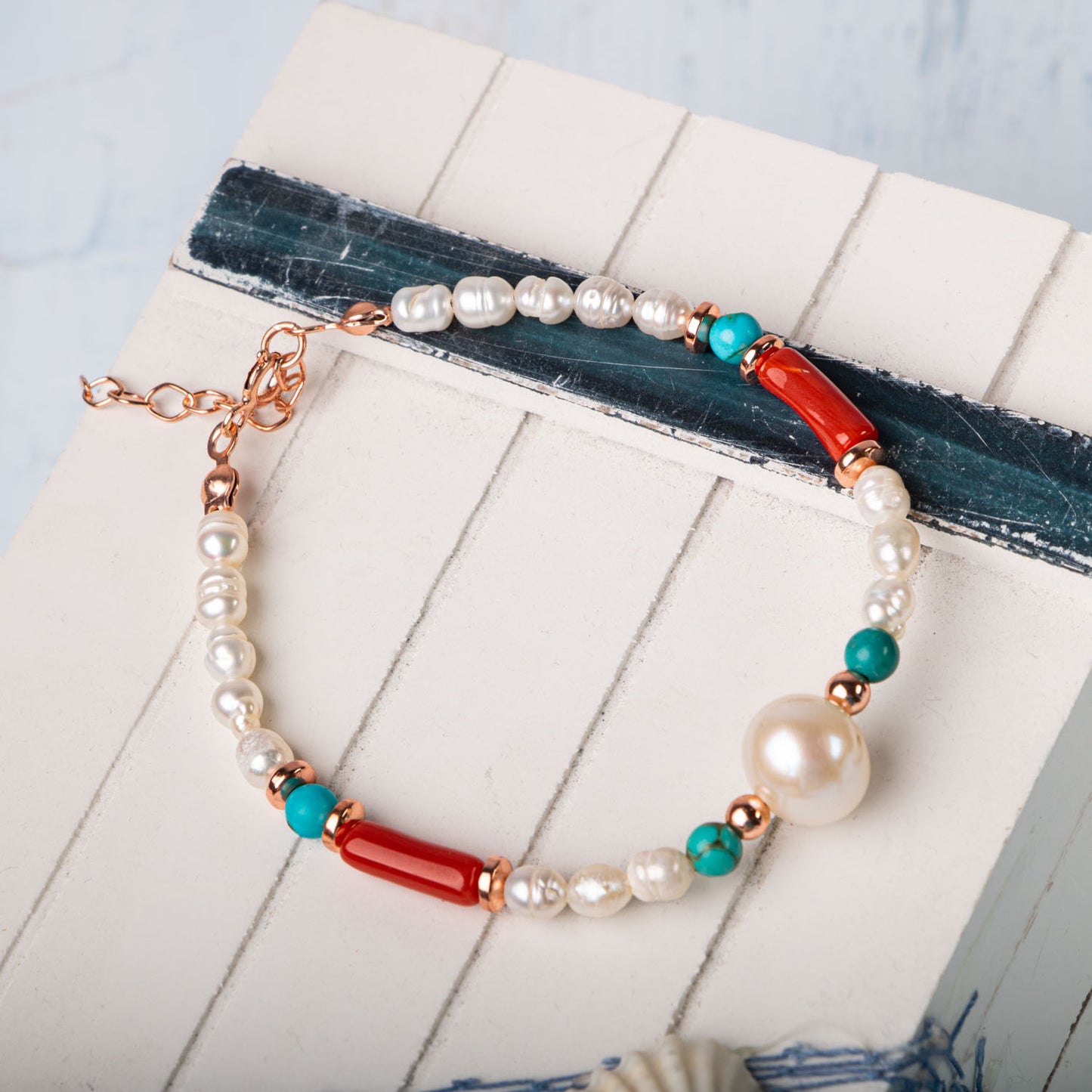 Pearl, Turquoise, Coral Natural Stone 925 Sterling Silver Design Bracelet