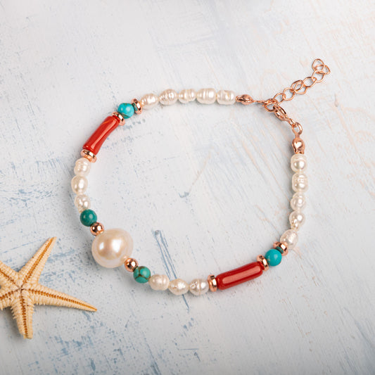 Pearl, Turquoise, Coral Natural Stone 925 Sterling Silver Design Bracelet