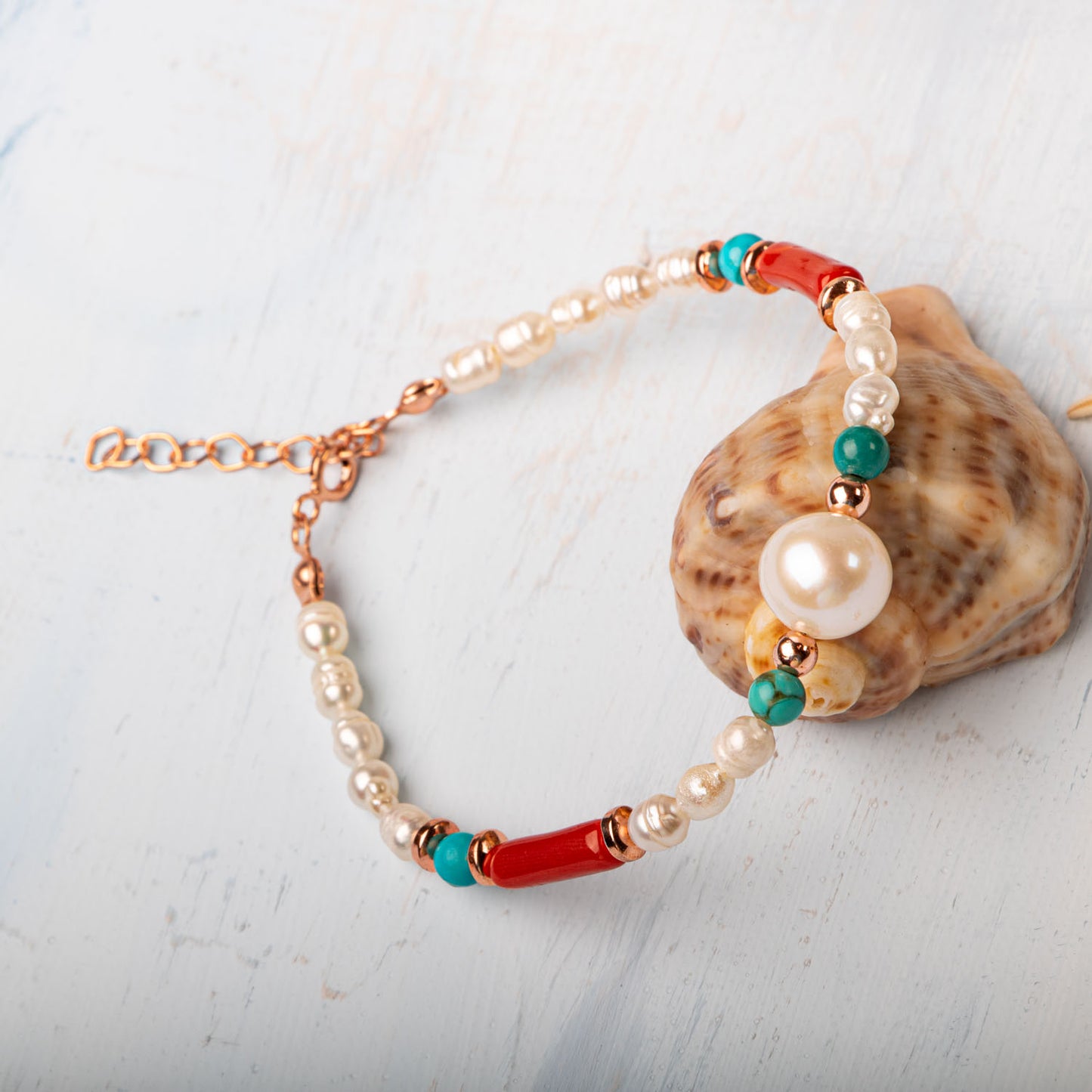 Pearl, Turquoise, Coral Natural Stone 925 Sterling Silver Design Bracelet