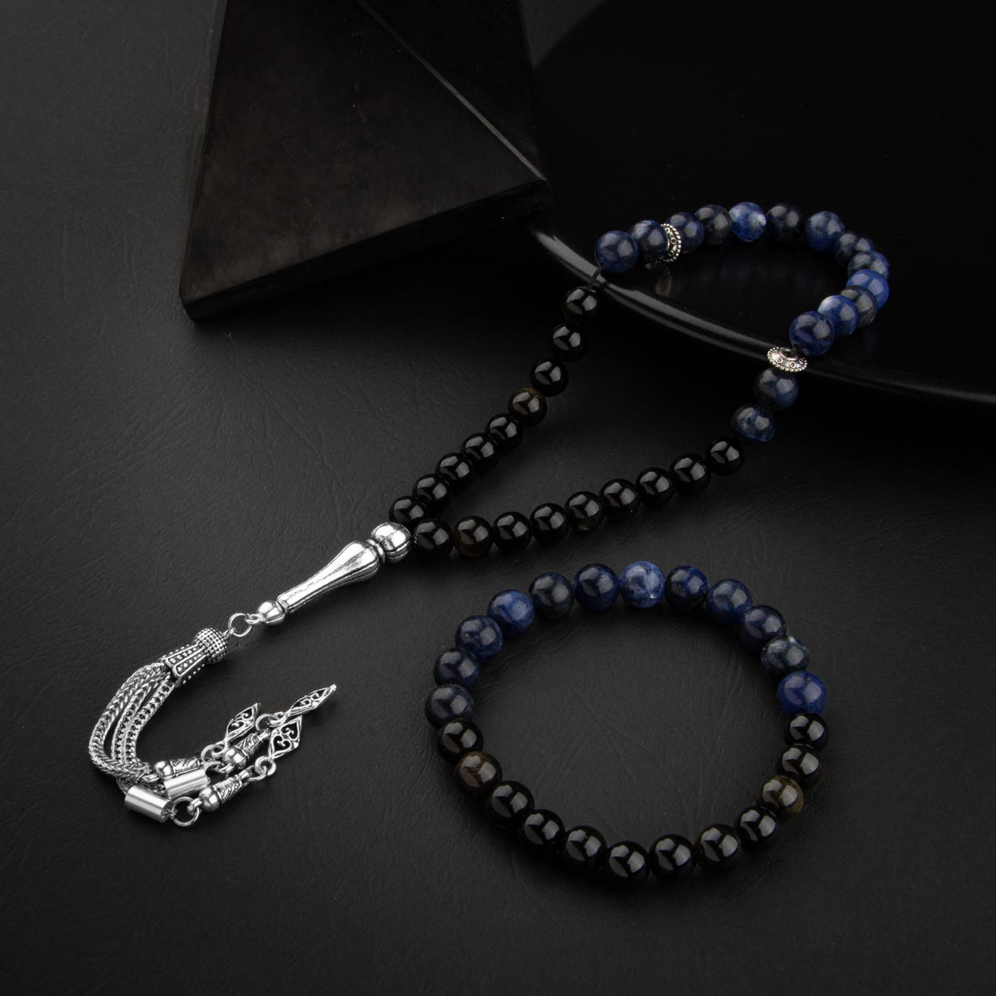 Obsidian and Dumortierite Natural Stone Rosary Bracelet Set