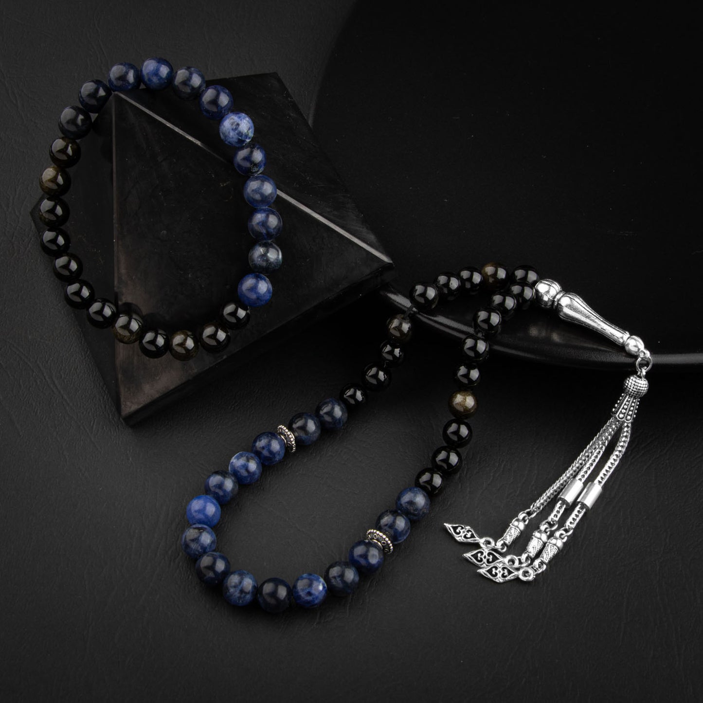 Obsidian and Dumortierite Natural Stone Rosary Bracelet Set