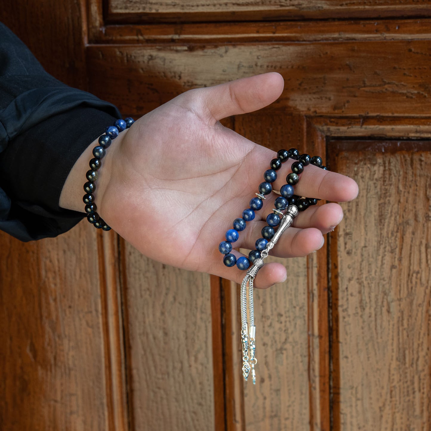 Obsidian and Dumortierite Natural Stone Rosary Bracelet Set