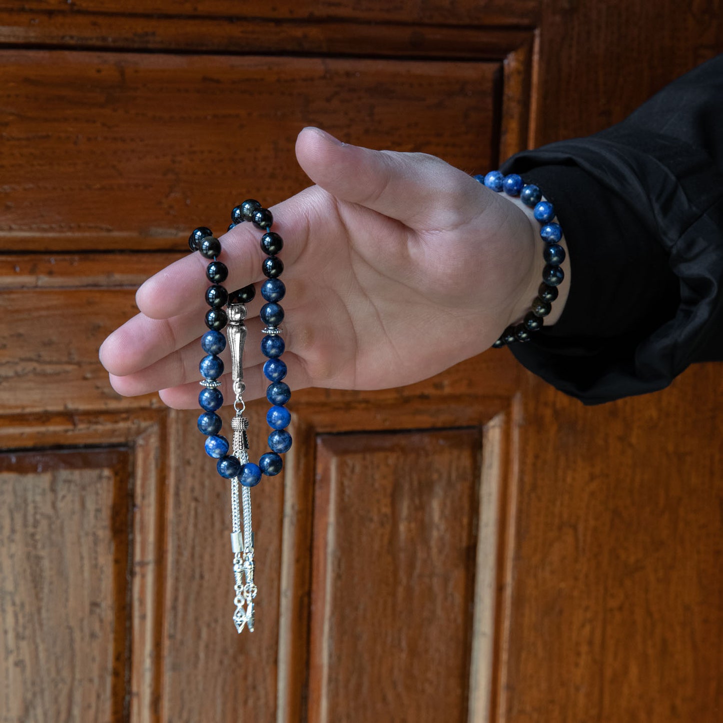 Obsidian and Dumortierite Natural Stone Rosary Bracelet Set