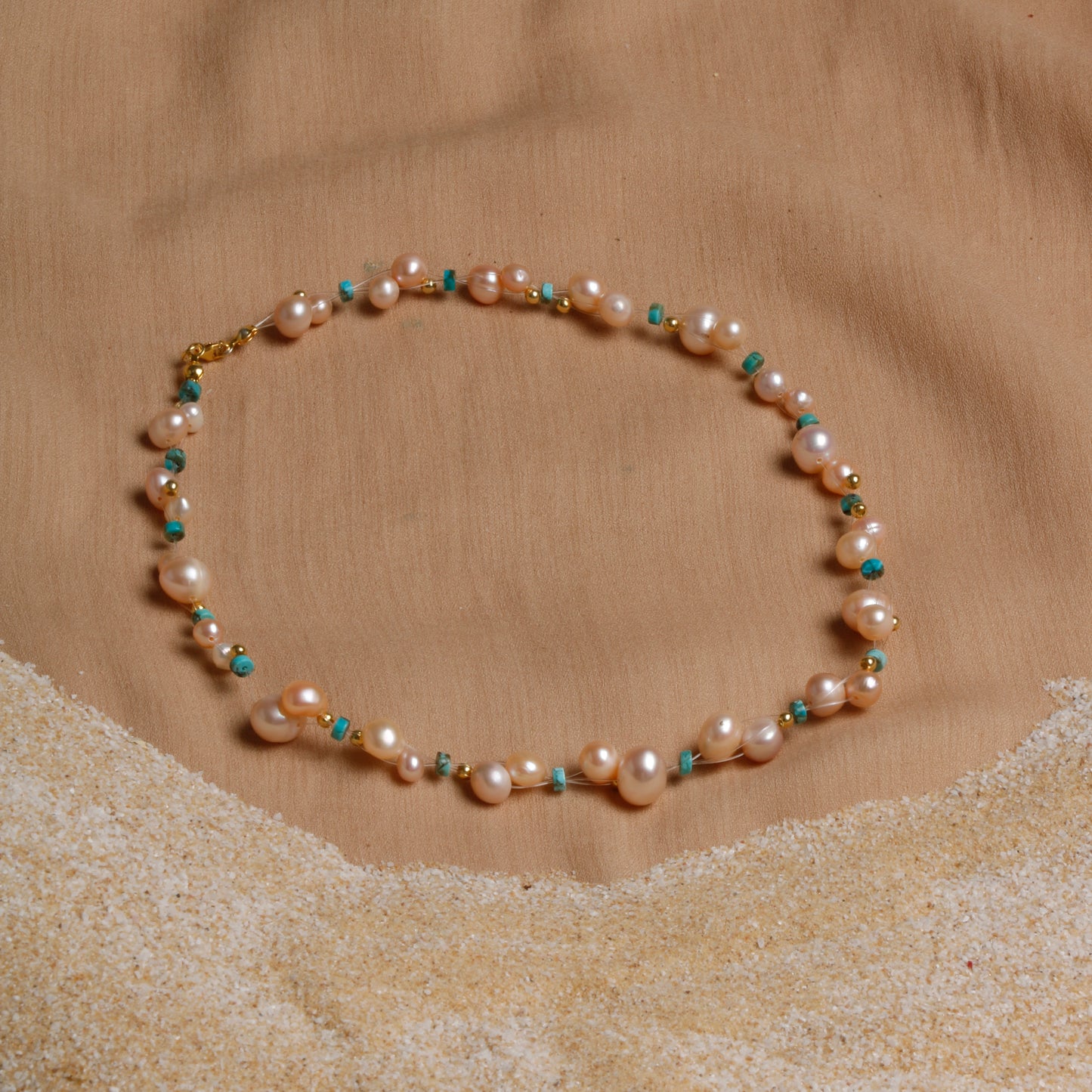Oceanistone Freshwater Pearl and Turquoise Necklace with Sterling Silver Clasp