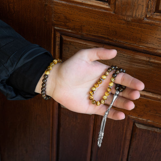 Yellow Tiger Eye and Biotite Natural Stone Rosary Bracelet Set