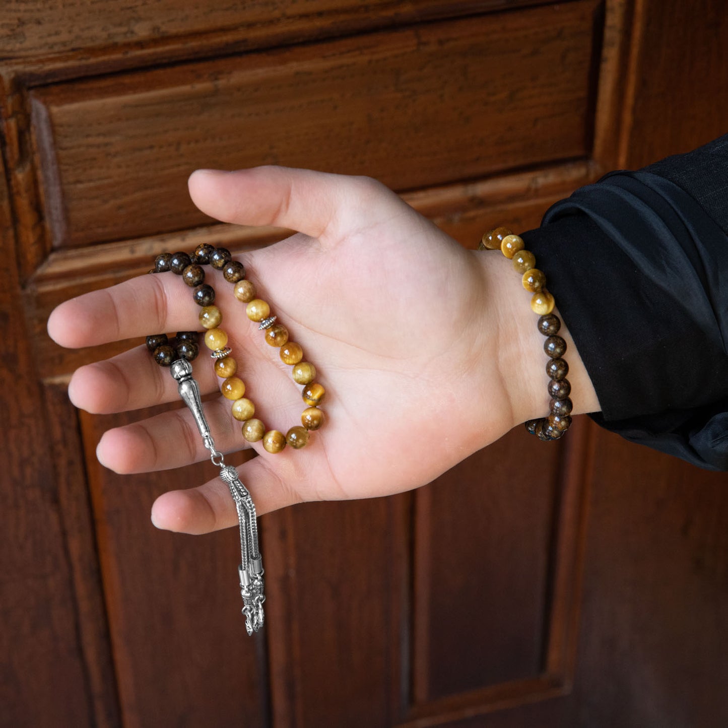 Yellow Tiger Eye and Biotite Natural Stone Rosary Bracelet Set