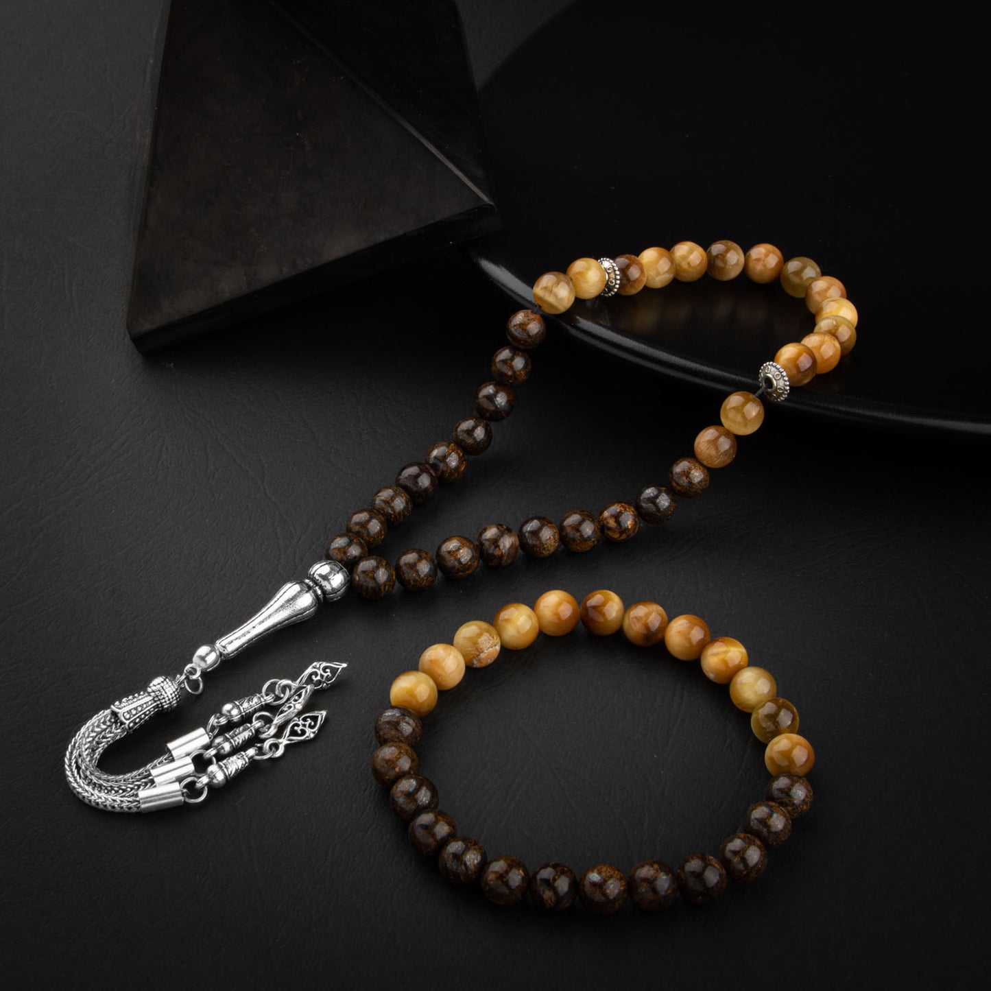 Yellow Tiger Eye and Biotite Natural Stone Rosary Bracelet Set