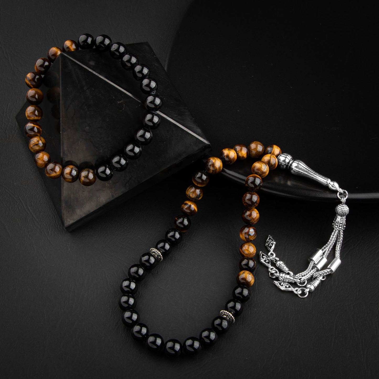 Tiger Eye and Obsidian Natural Stone Rosary Bracelet Set