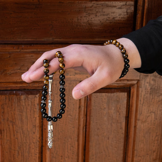 Tiger Eye and Obsidian Natural Stone Rosary Bracelet Set