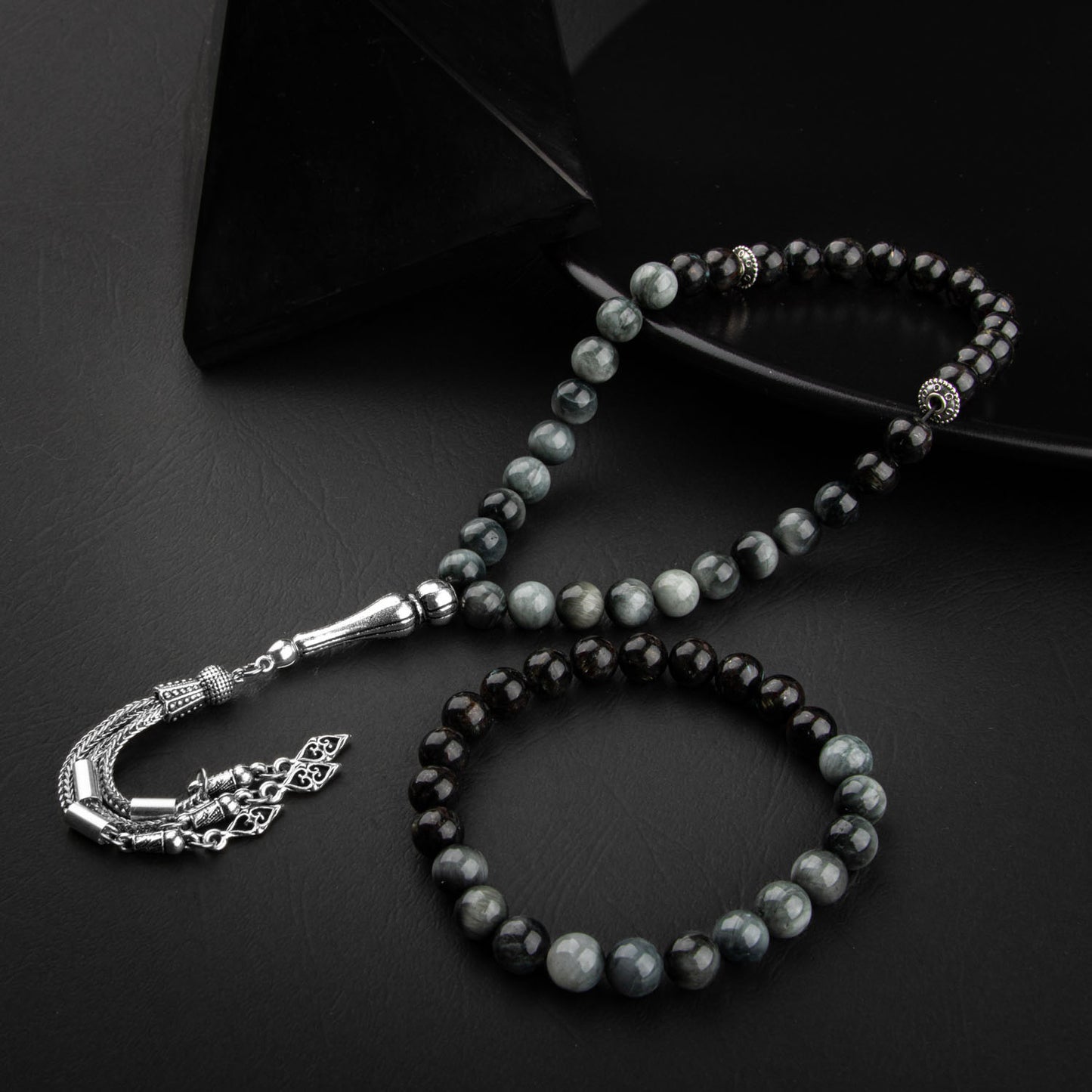 Cat's Eye and Obsidian Natural Stone Rosary Bracelet Set