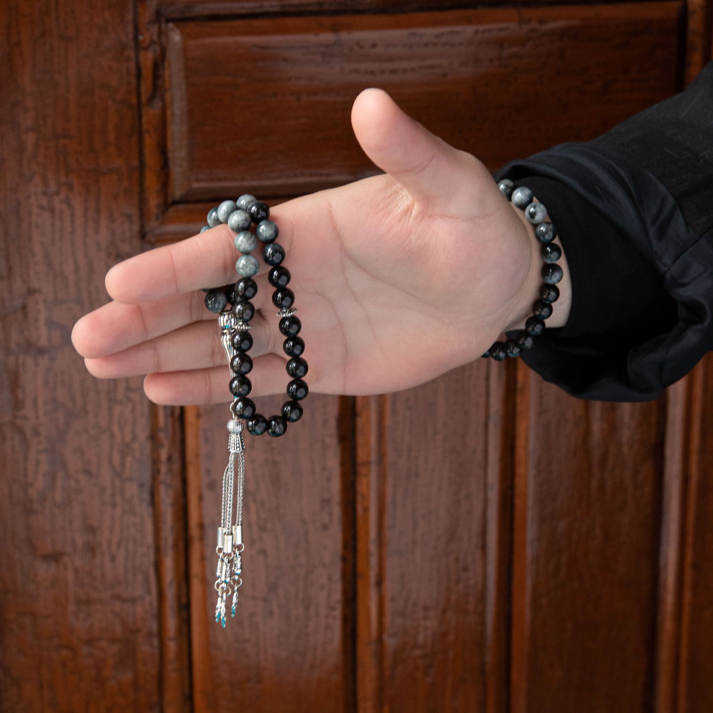 Cat's Eye and Obsidian Natural Stone Rosary Bracelet Set