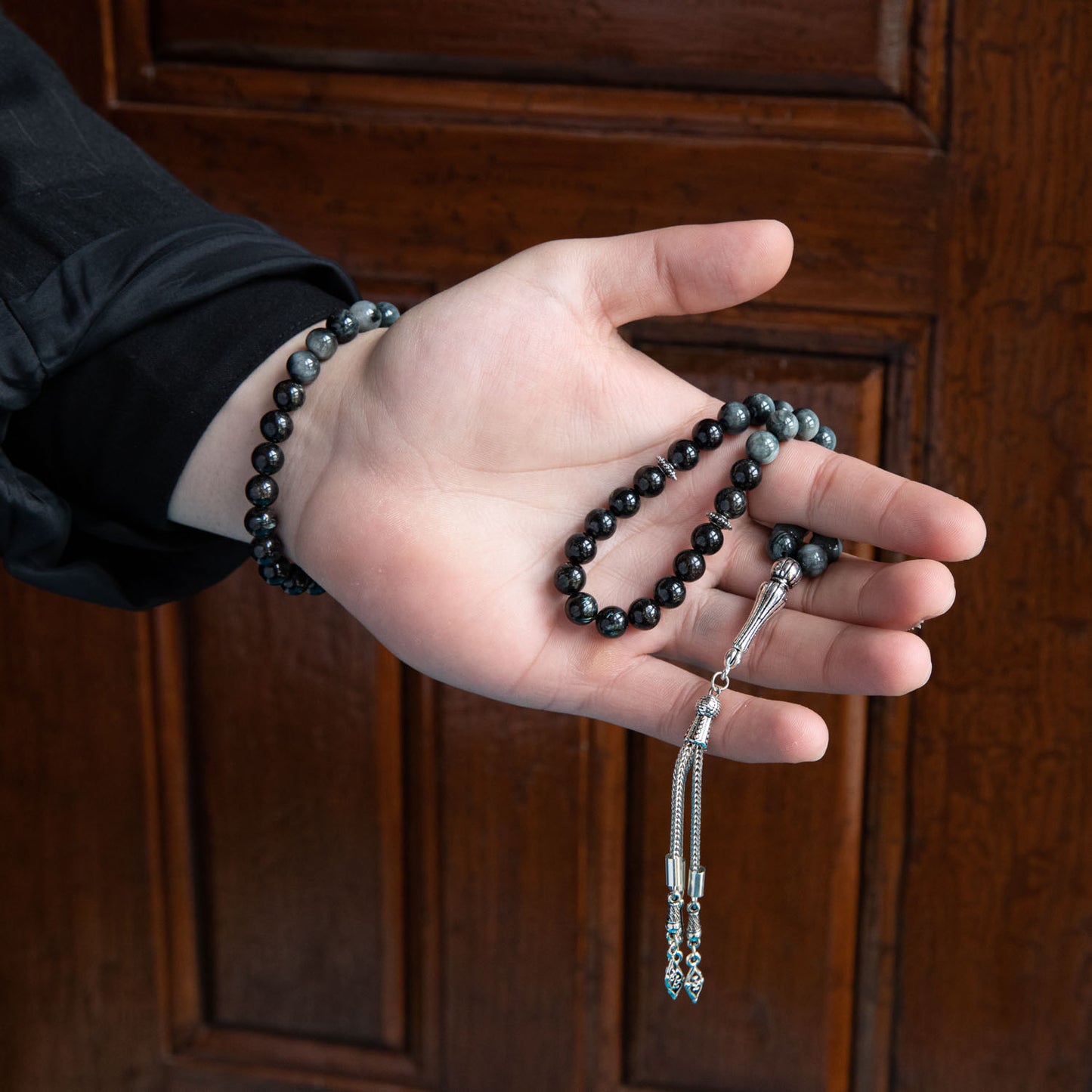 Cat's Eye and Obsidian Natural Stone Rosary Bracelet Set