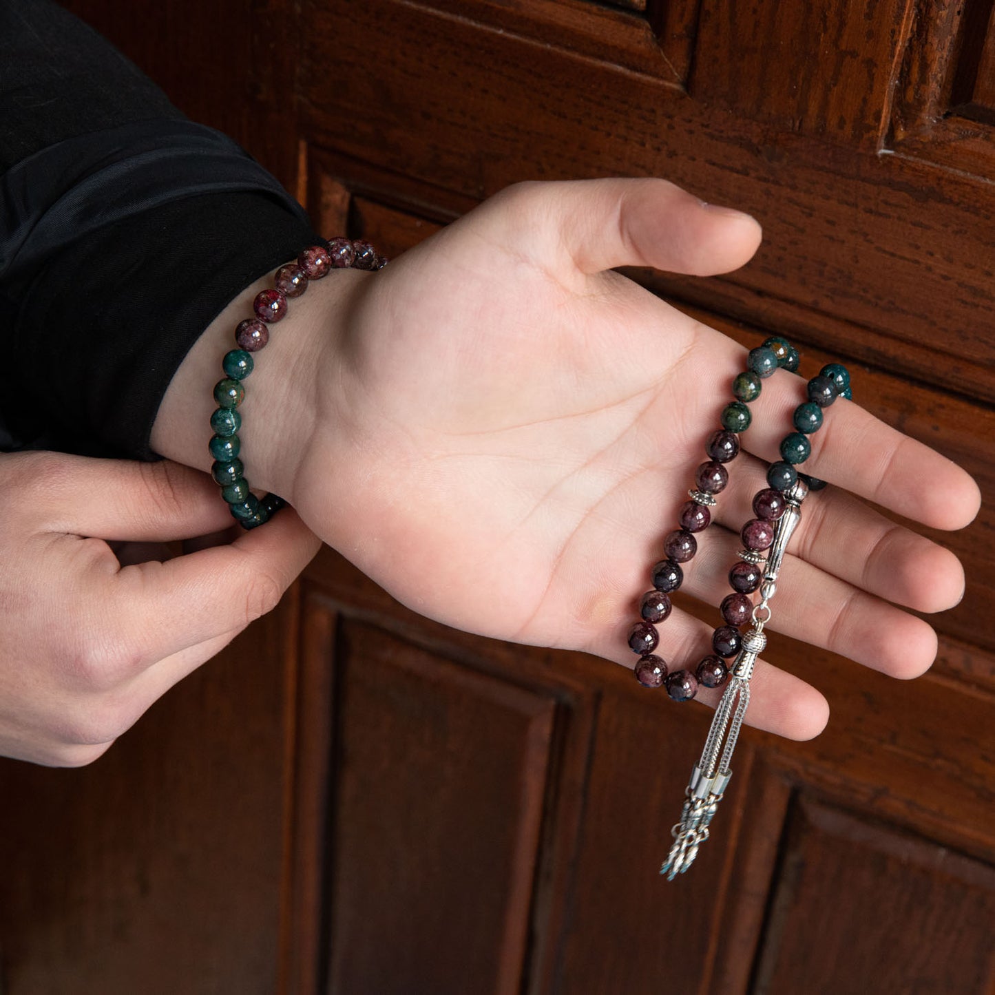 Kyanite and Jasper Natural Stone Rosary Bracelet Set