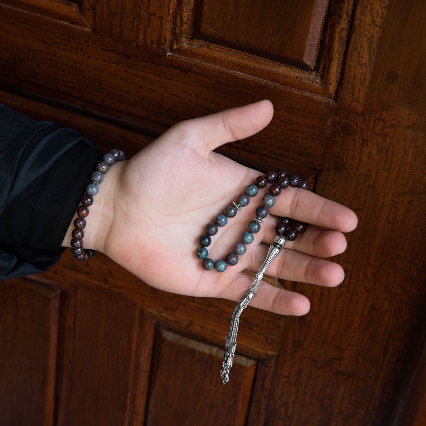 Kyanite and Jasper Natural Stone Rosary Bracelet Set