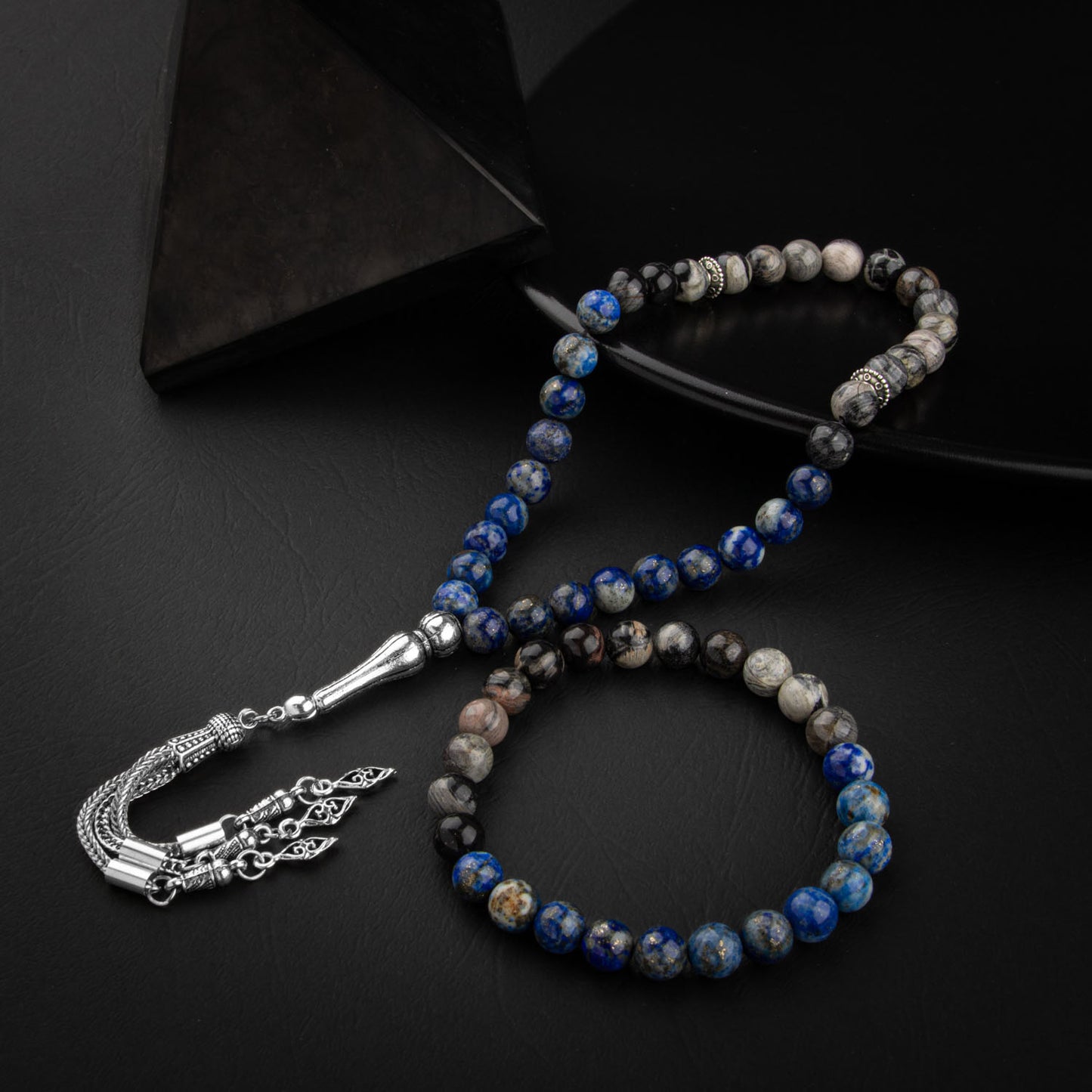 Lapis Lazuli and Jasper Natural Stone Rosary Bracelet Set