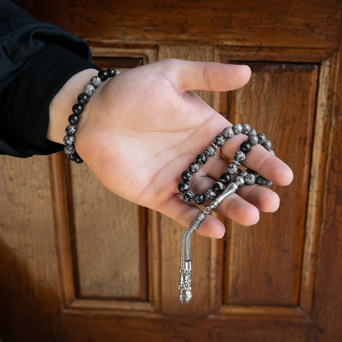 Gray Jasper and Snowy Obsidian Rosary Bracelet Set