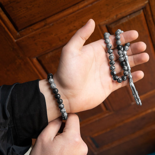 Gray Jasper and Snowy Obsidian Rosary Bracelet Set