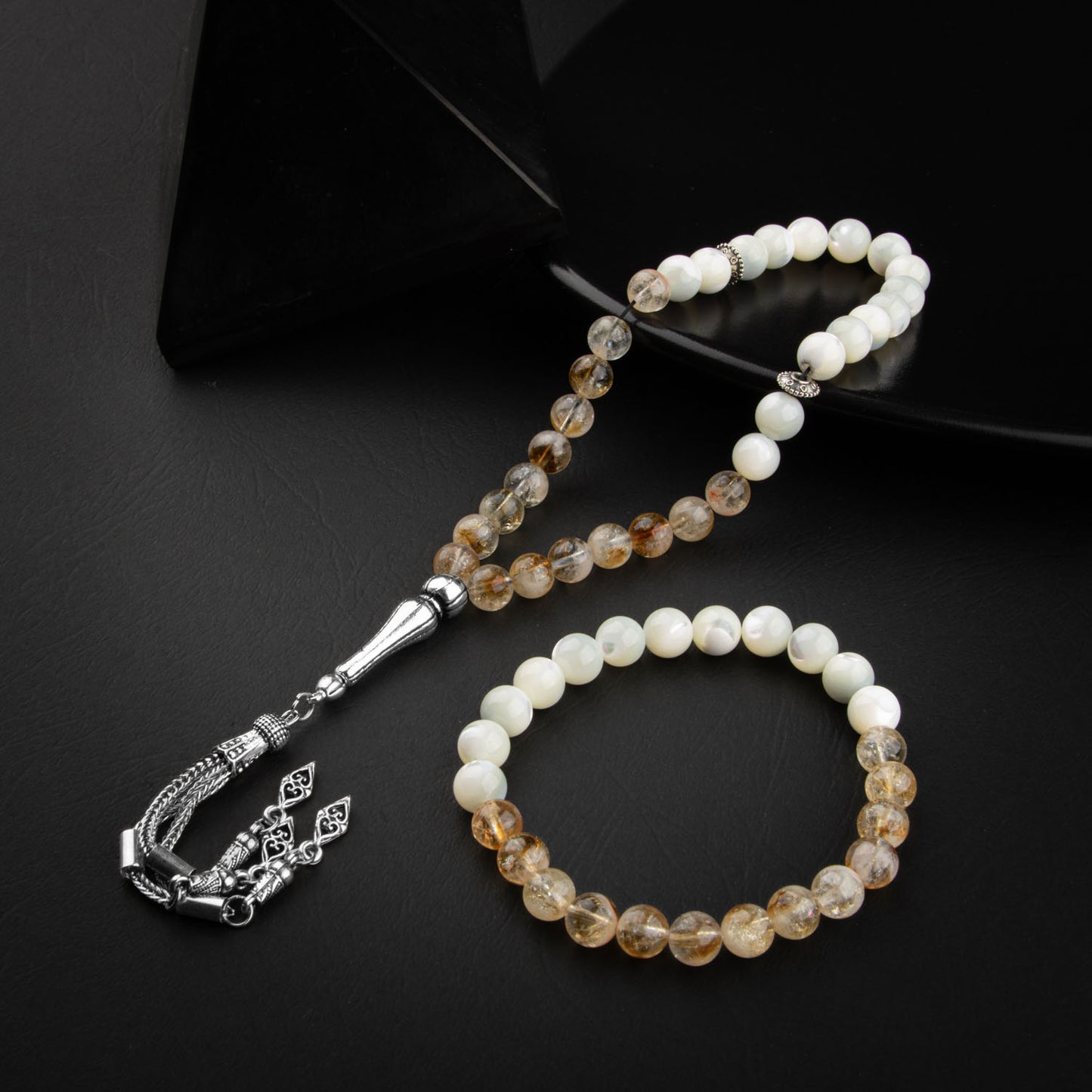 Citrine and Mother of Pearl Natural Stone Rosary Bracelet Set