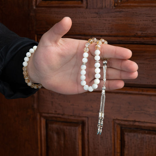 Citrine and Mother of Pearl Natural Stone Rosary Bracelet Set