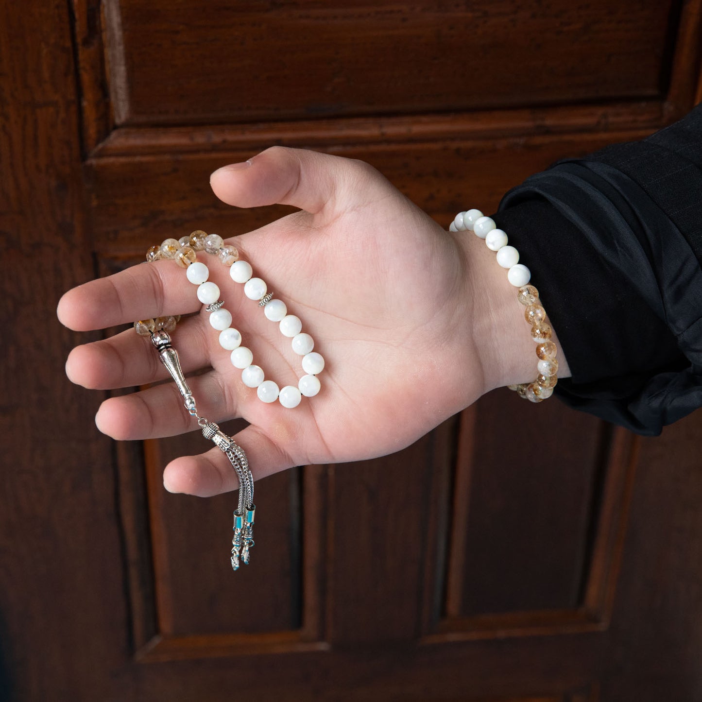 Citrine and Mother of Pearl Natural Stone Rosary Bracelet Set