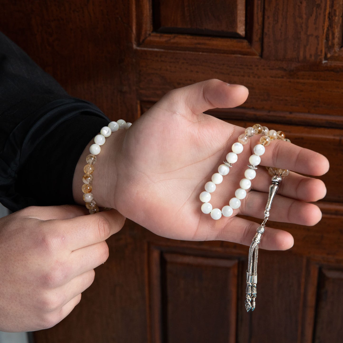 Citrine and Mother of Pearl Natural Stone Rosary Bracelet Set