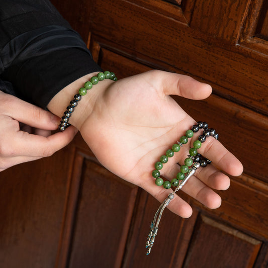 Jade and Hematite Natural Stone Rosary Bracelet Set